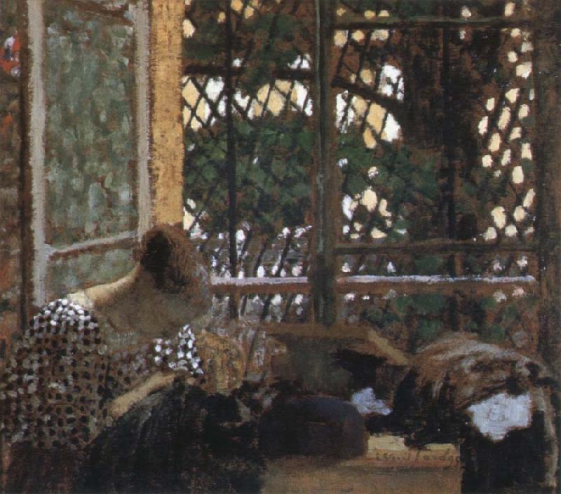 Edouard Vuillard woman sewing before a garden